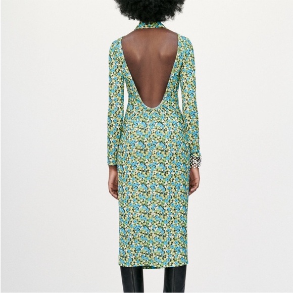 Zara Blogger Fave Green Floral High Neck Cut Out Open Back Fitted Midi Dress - Picture 3 of 11